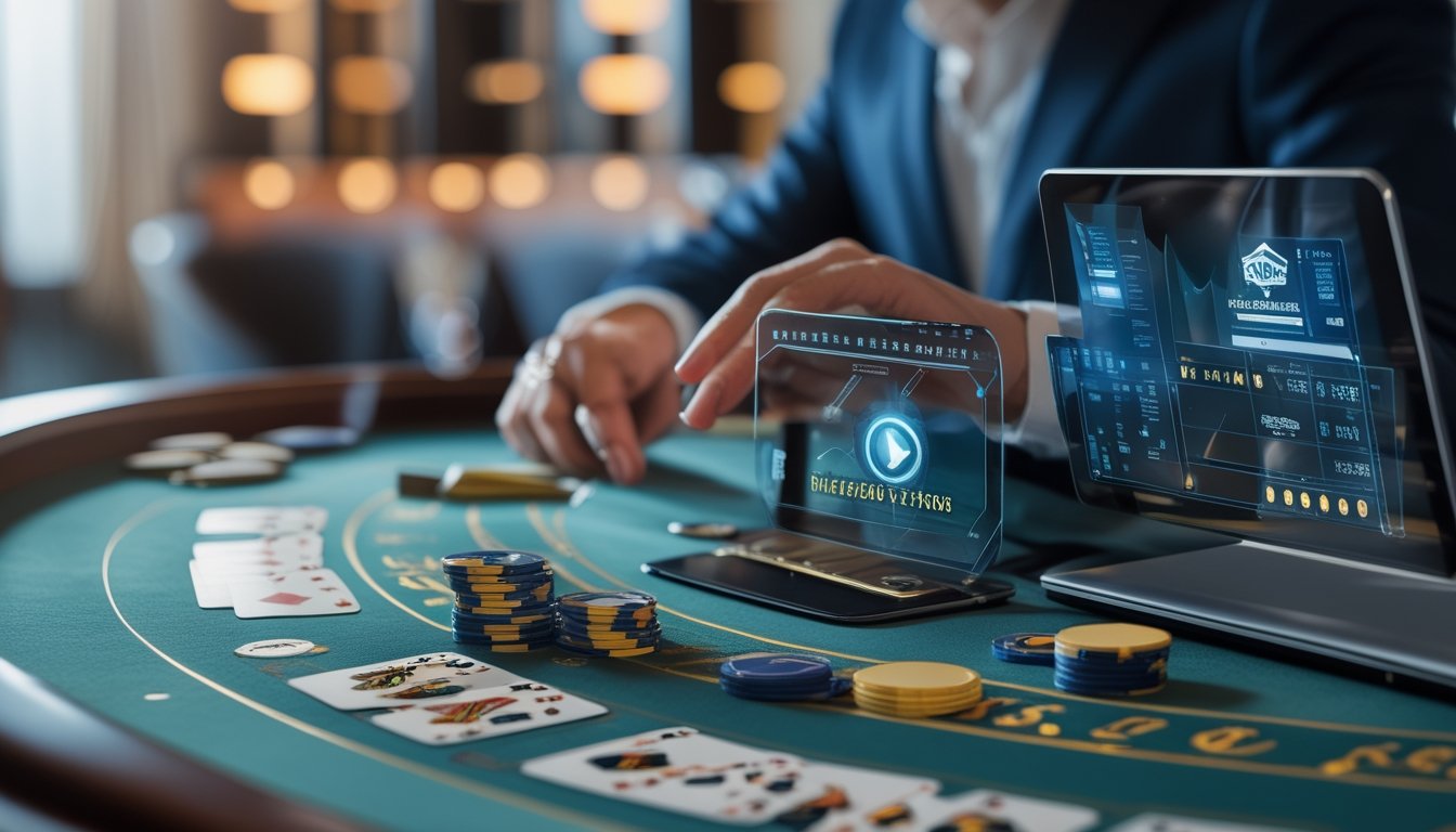 Seseorang menggunakan laptop atau ponsel di depan meja bakarat dengan kartu dan chip, menunjukkan proses deposit dan penarikan cepat.