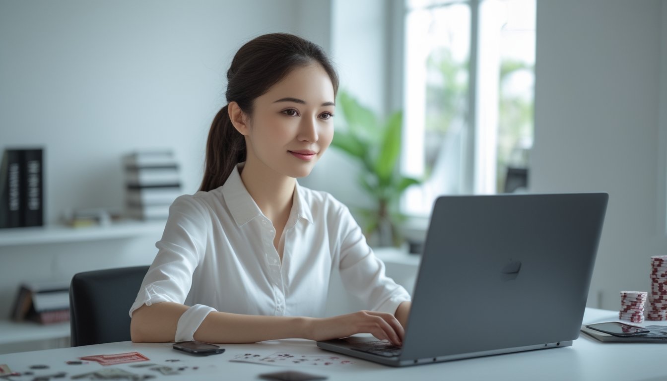 Seorang wanita muda duduk di meja dengan laptop dan kartu remi, fokus bermain baccarat online dalam suasana ruangan yang terang dan rapi.