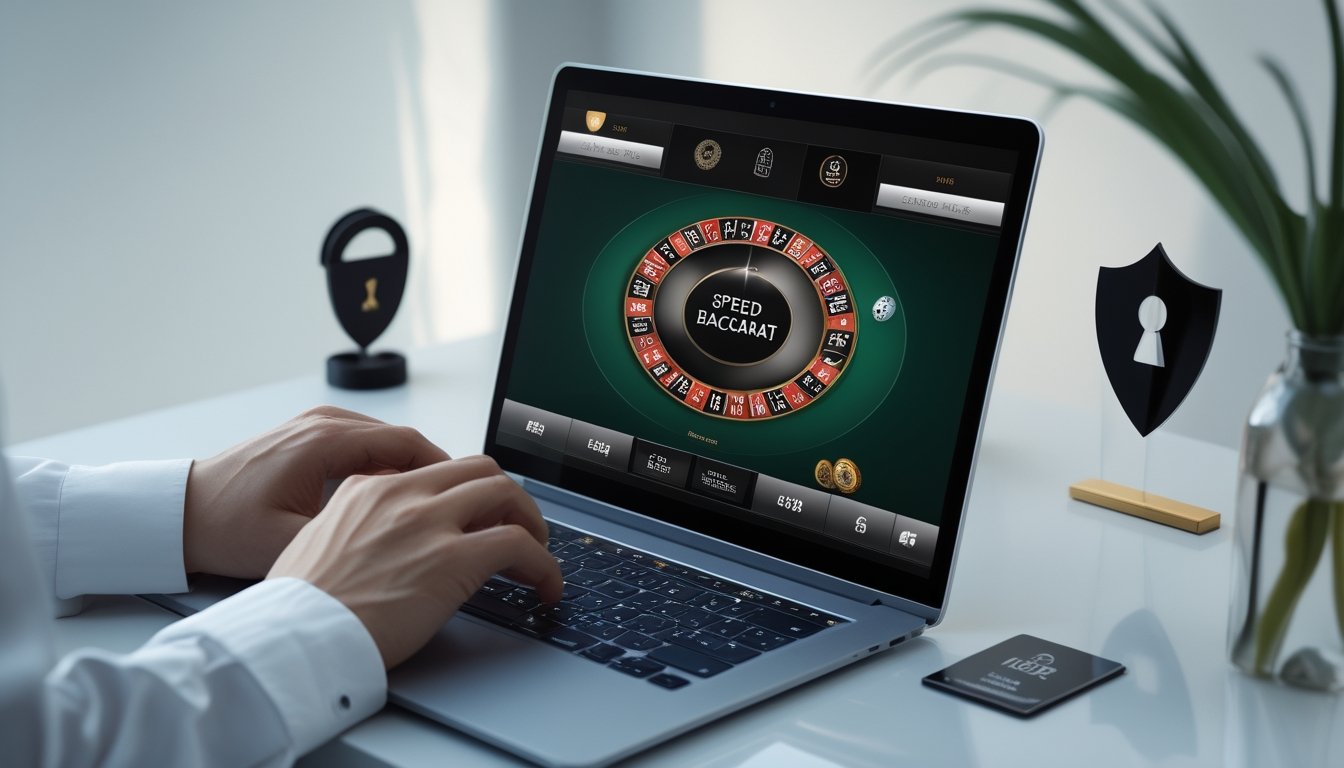 Seorang pengguna sedang bermain Speed Baccarat online di komputer dengan simbol keamanan di latar belakang.