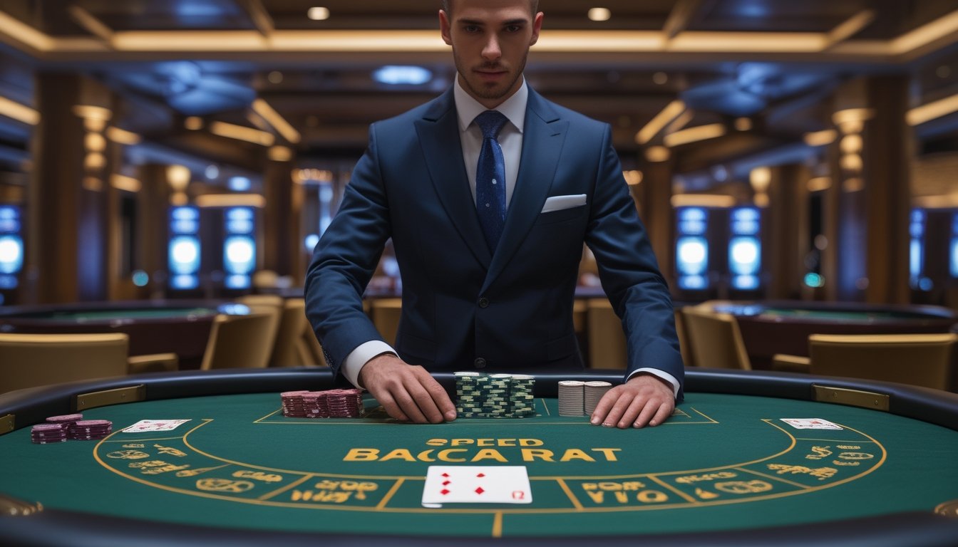 Seorang dealer berpakaian rapi sedang mengelola meja baccarat di kasino mewah dengan kartu dan chip tertata rapi.