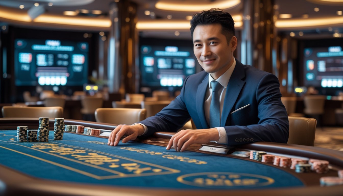 Seorang pria Asia berpakaian rapi duduk di meja kasino modern sambil bermain baccarat dengan ekspresi percaya diri dan suasana elegan.