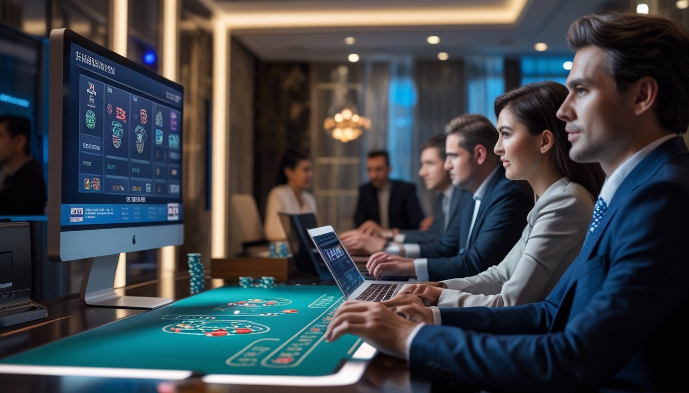Orang-orang sedang bermain permainan baccarat online dengan komputer dan ponsel di sebuah ruangan modern.