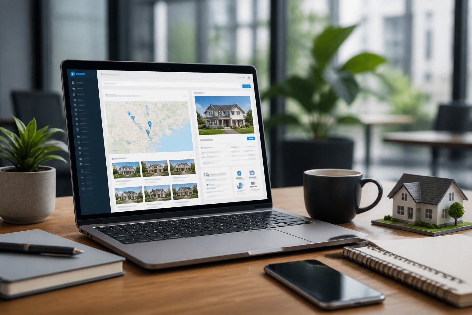 WordPress IDX Plugin: Essential Guide for Real Estate Websites A laptop on a wooden desk showing a WordPress dashboard with office supplies around it in a bright office setting.