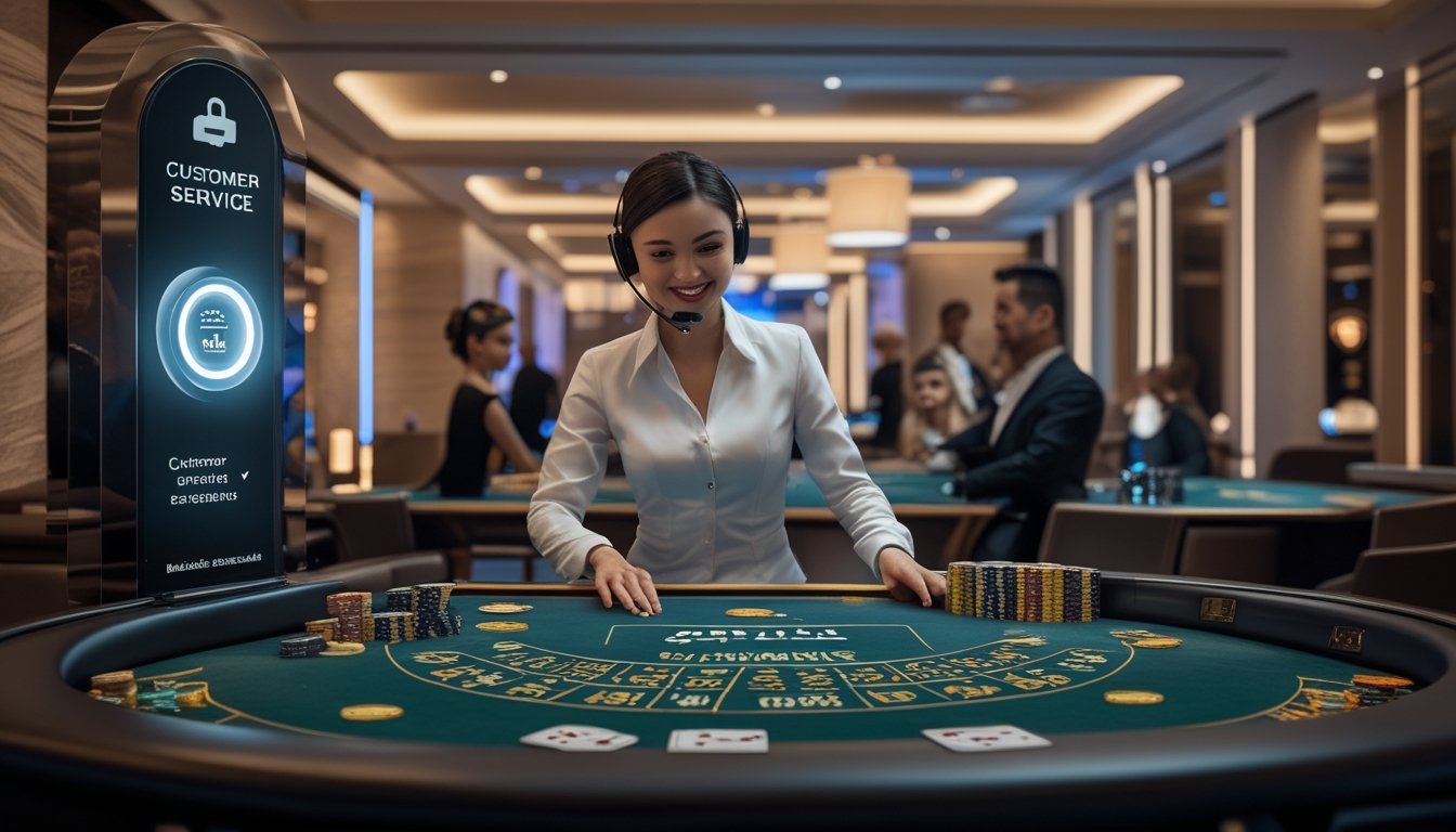 Suasana meja baccarat di kasino dengan dealer dan pemain, serta seorang petugas layanan pelanggan yang ramah mengenakan headset siap membantu.