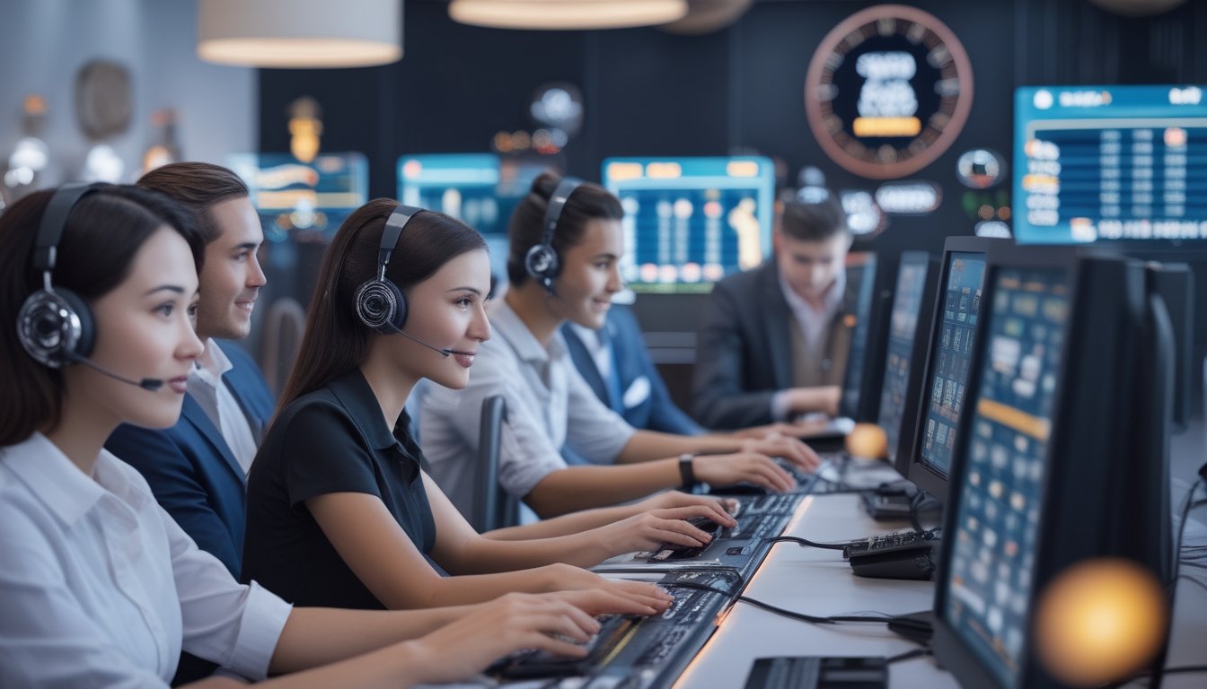 Tim layanan pelanggan sedang bekerja di pusat layanan dengan komputer dan headset, menyediakan bantuan untuk permainan Speed Baccarat sepanjang waktu.