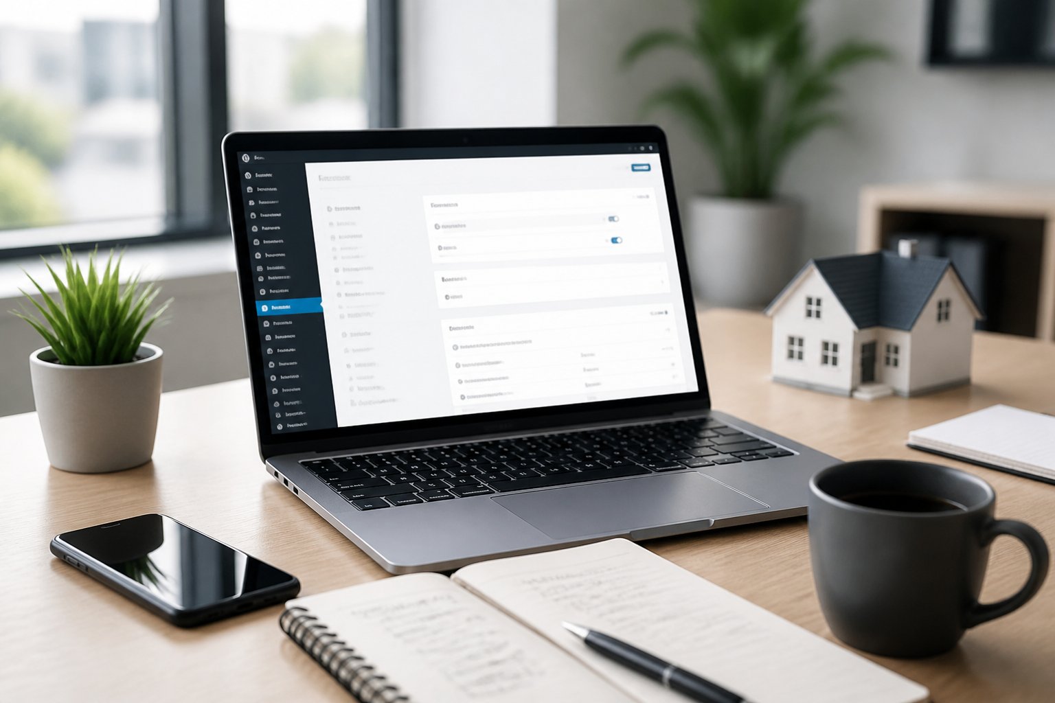 WordPress IDX Plugin: Essential Guide for Real Estate Websites A modern workspace with a laptop showing a website dashboard, a smartphone, notebook, and coffee cup on a desk in a bright office.