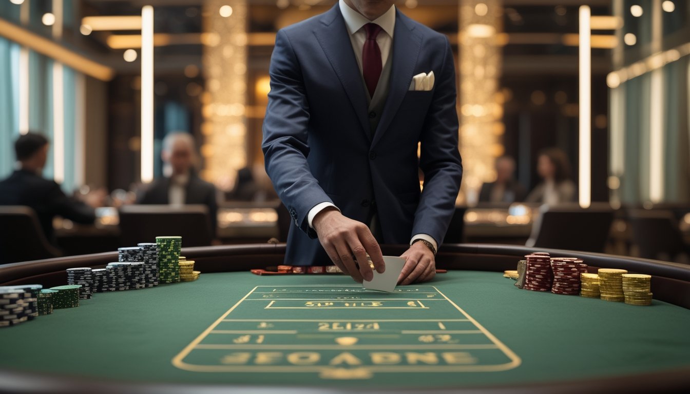Seorang dealer profesional sedang membagikan kartu di meja baccarat yang mewah di dalam kasino dengan suasana elegan dan pencahayaan hangat.