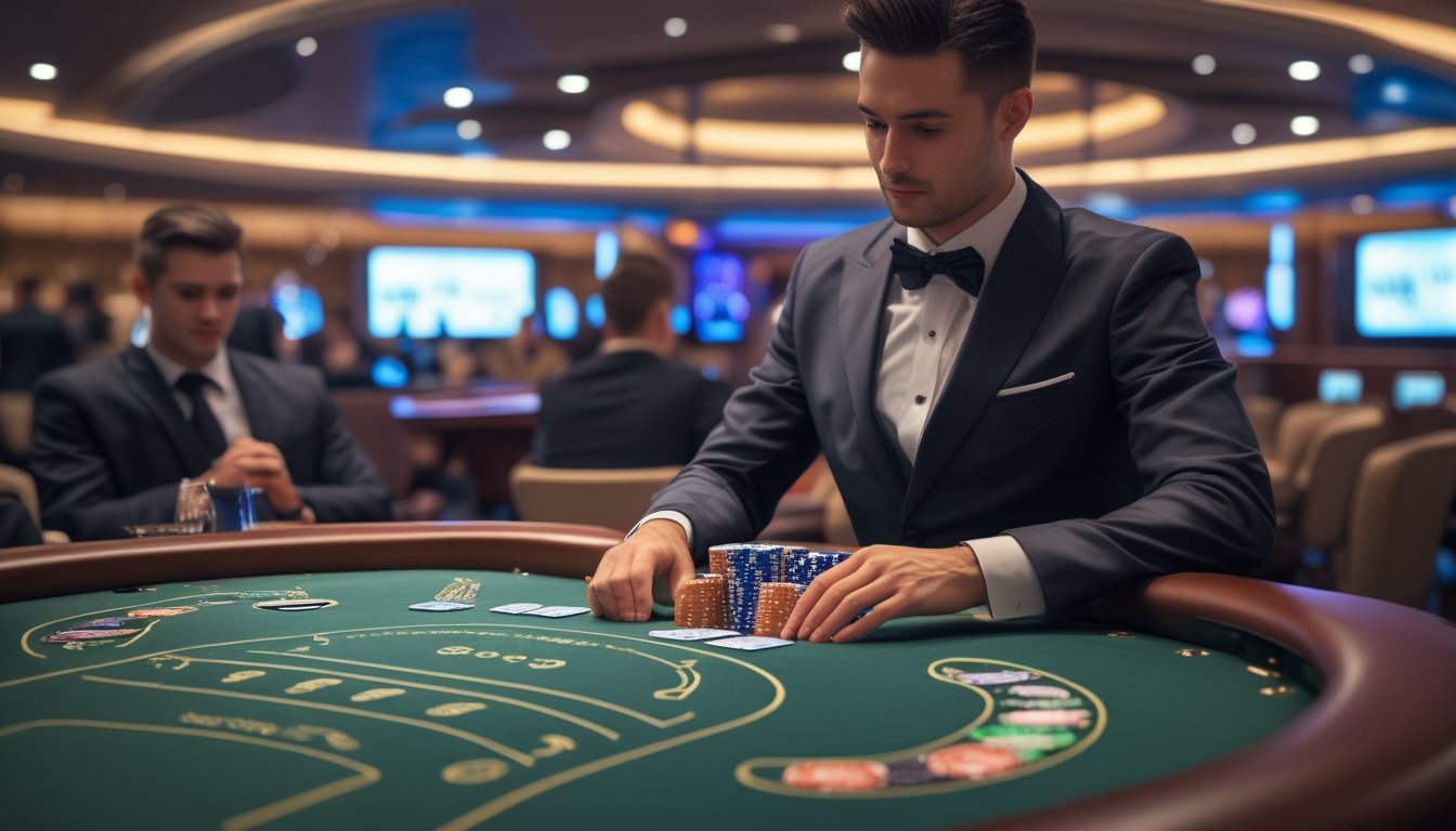 Seorang dealer profesional mengelola meja Speed Baccarat di kasino modern dengan suasana yang elegan dan pemain yang fokus bermain.