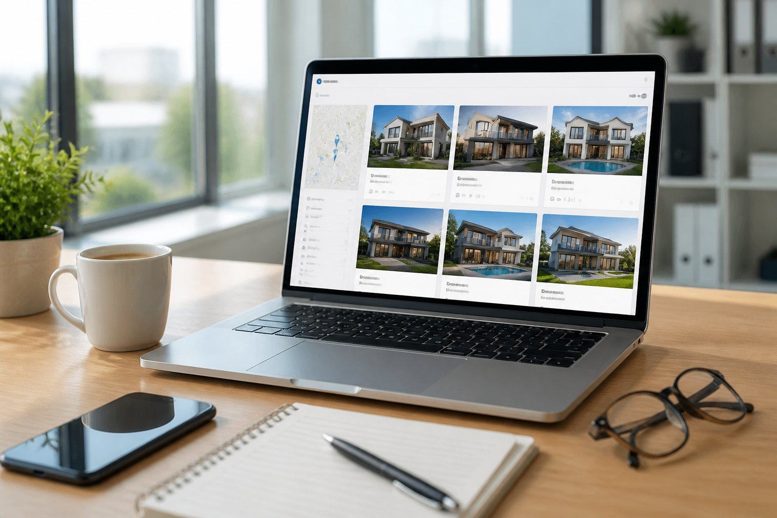 WordPress IDX Plugin: Essential Guide for Real Estate Websites A laptop on a desk showing a real estate plugin interface, surrounded by a smartphone, notepad, coffee cup, and glasses in a bright office.