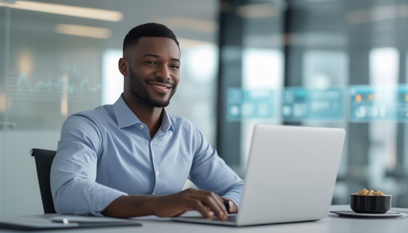 Seorang pria duduk di meja dengan laptop di kantor modern, terlihat percaya diri dan santai.
