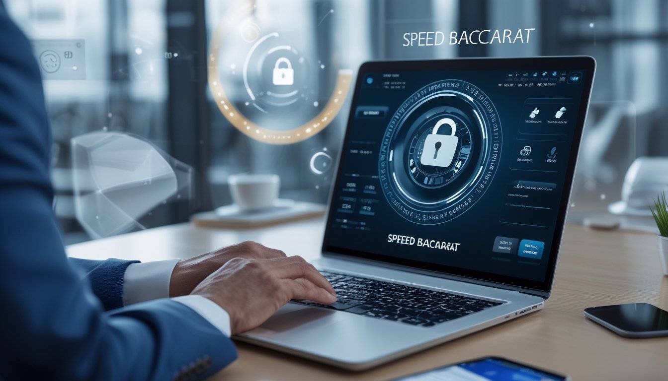 Seorang pria atau wanita menggunakan laptop dengan tampilan permainan Speed Baccarat dan simbol keamanan transaksi di layar.