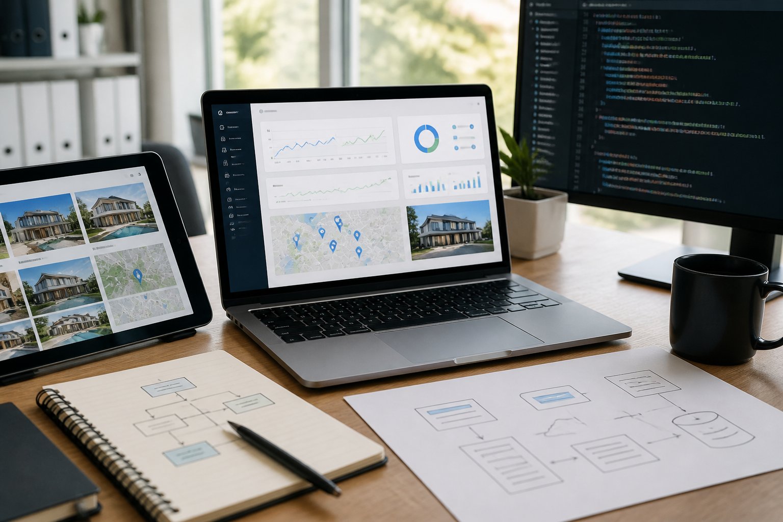 WordPress IDX Plugin: Essential Guide for Real Estate Websites A modern workspace with a laptop showing a website dashboard, a tablet displaying real estate listings, and notes with diagrams, representing website customization and integration.