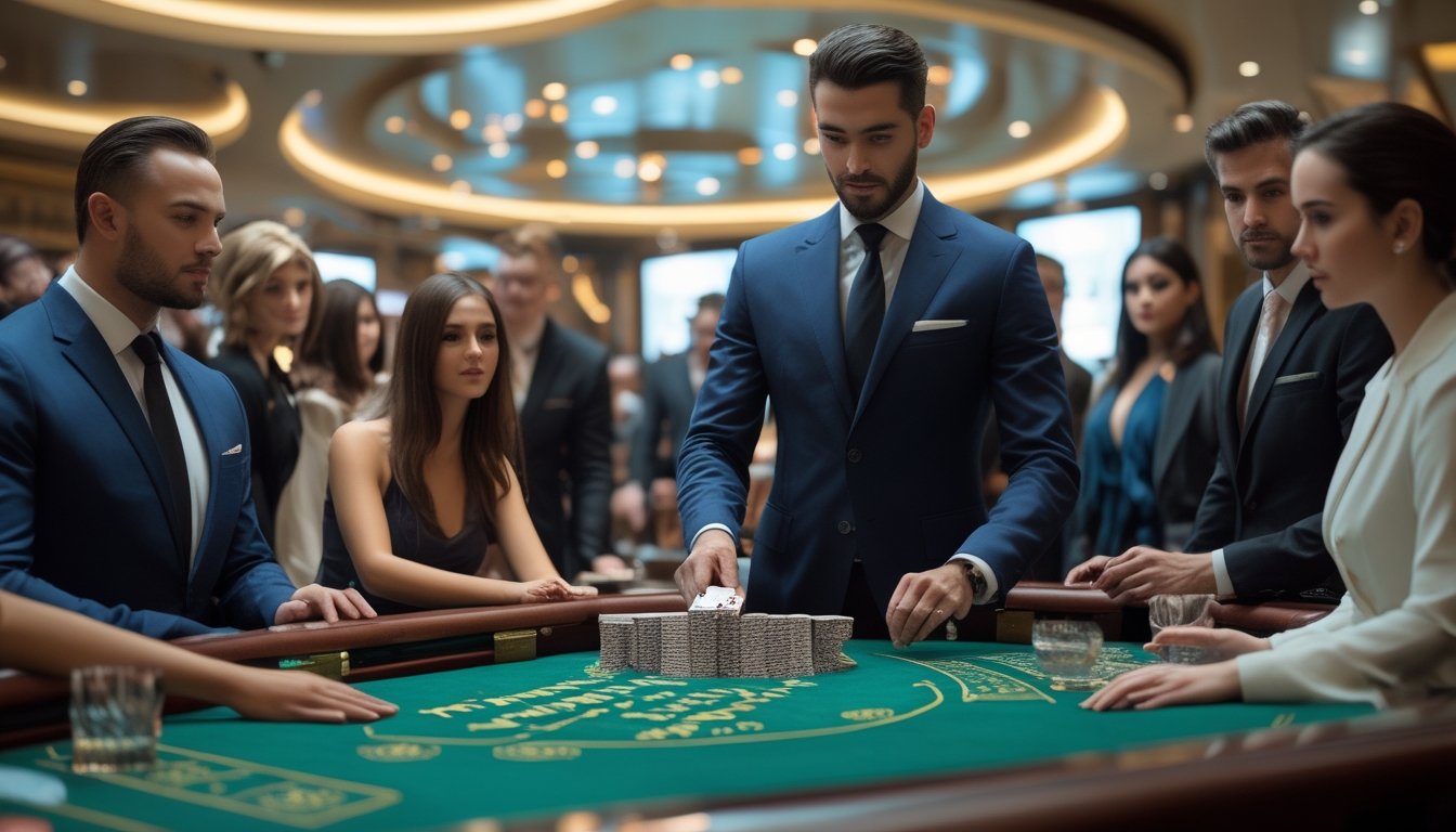 Meja baccarat dengan dealer dan pemain yang serius bermain dalam suasana kasino mewah.