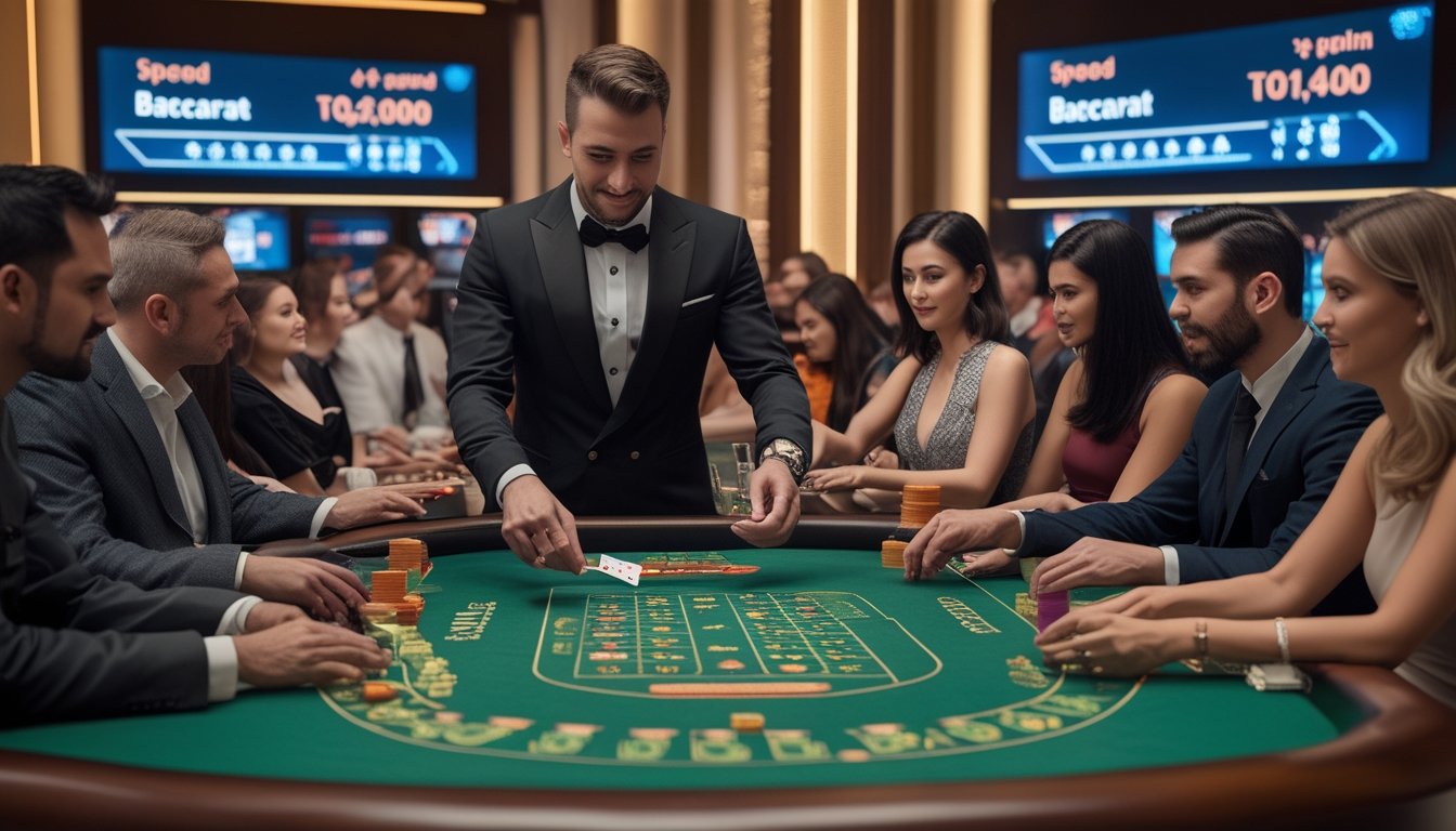 Seorang dealer dan beberapa pemain duduk di meja baccarat dengan layar digital di latar belakang yang menampilkan statistik permainan cepat.