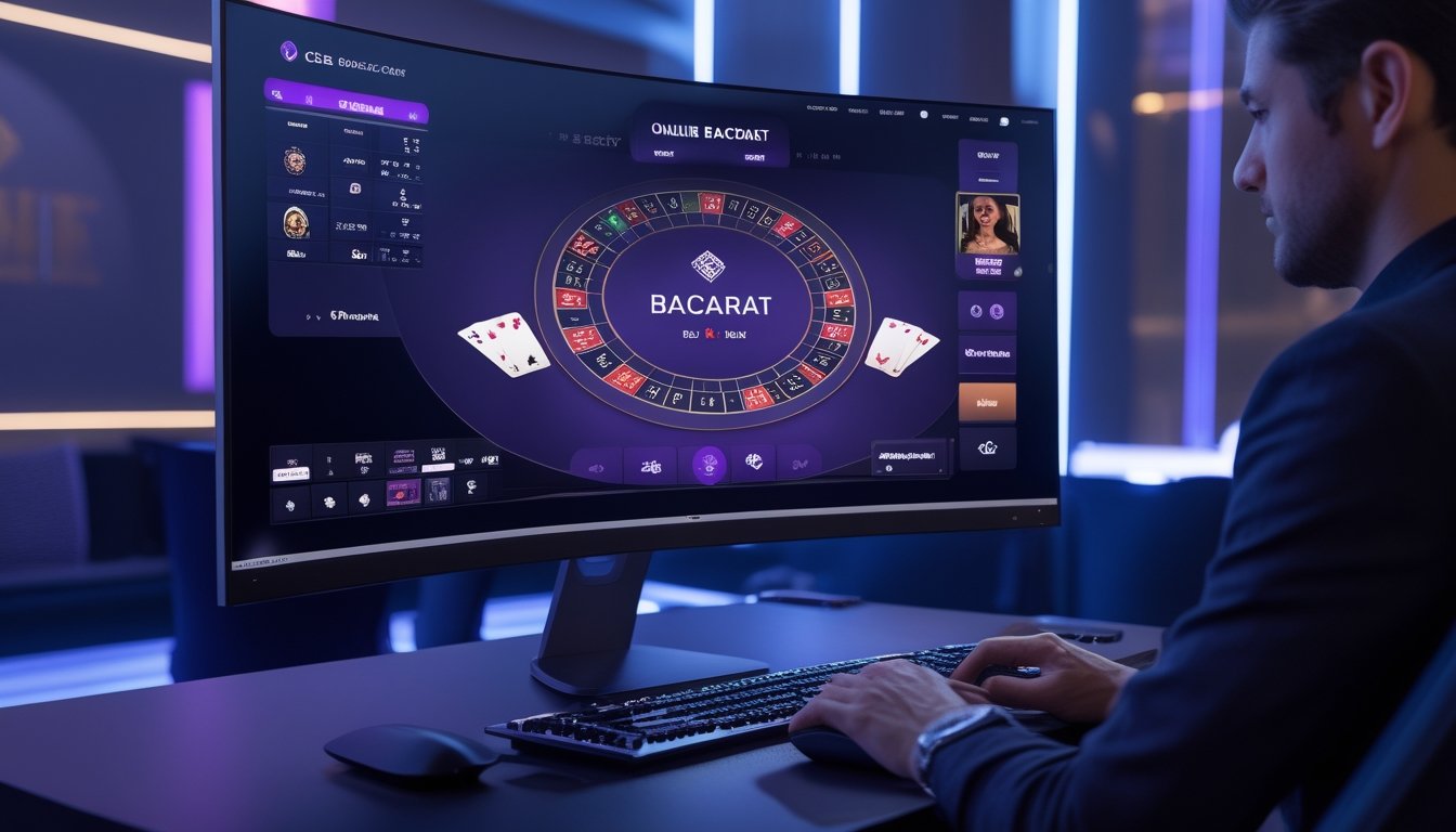 Antarmuka permainan baccarat online modern dan responsif yang ditampilkan di layar komputer dengan seseorang yang sedang bermain.