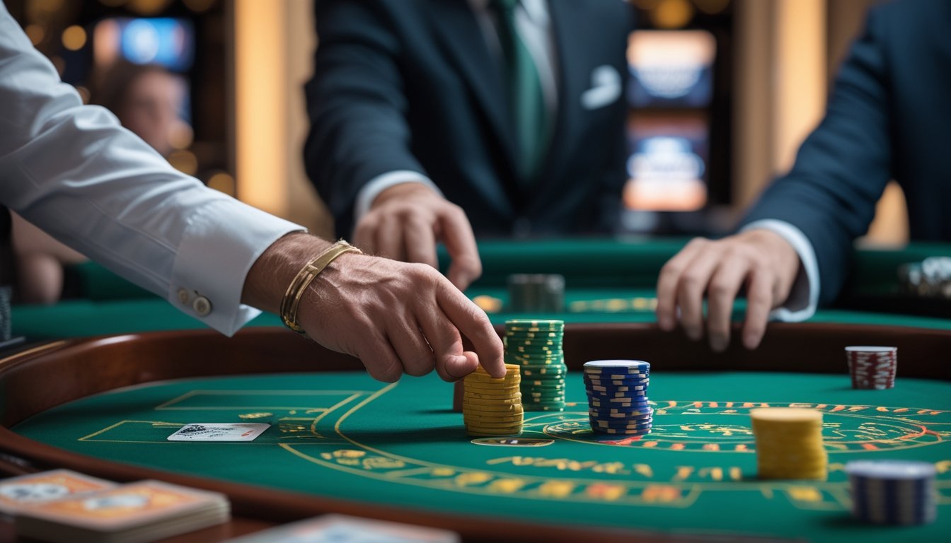 Seorang pemain di meja bakarat kasino sedang mengelola chip dengan serius, dengan dealer di latar belakang.