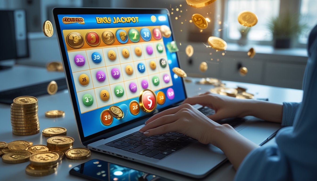 Seorang pemain menggunakan komputer dengan permainan bingo online dan simbol jackpot besar di meja.