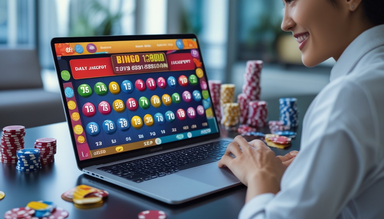 Seseorang menggunakan laptop dengan tampilan permainan bingo online dan bola bingo berwarna-warni di layar, menunjukkan suasana kasino online yang terpercaya dan menarik.
