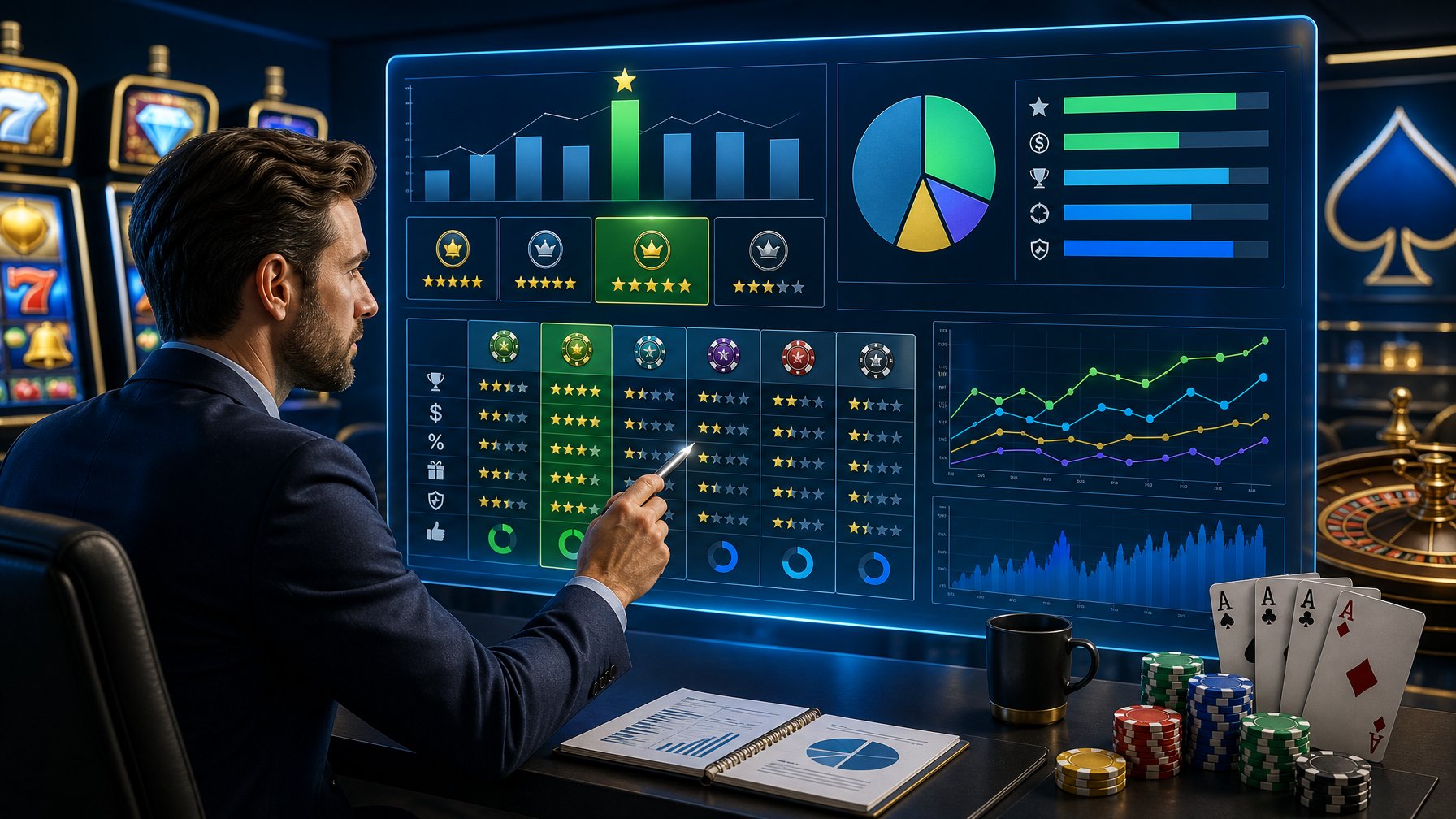 A Business Analyst Pointing At A Digital Screen Displaying Charts And CasinoRelated Icons In A Modern Workspace.