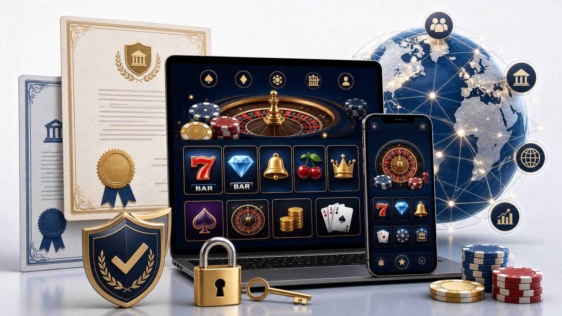 A Digital Device Displaying Slot Machine Icons Surrounded By Certificates, A Padlock, And A Globe With Network Lines Representing Licensing, Ownership, And Market Access.