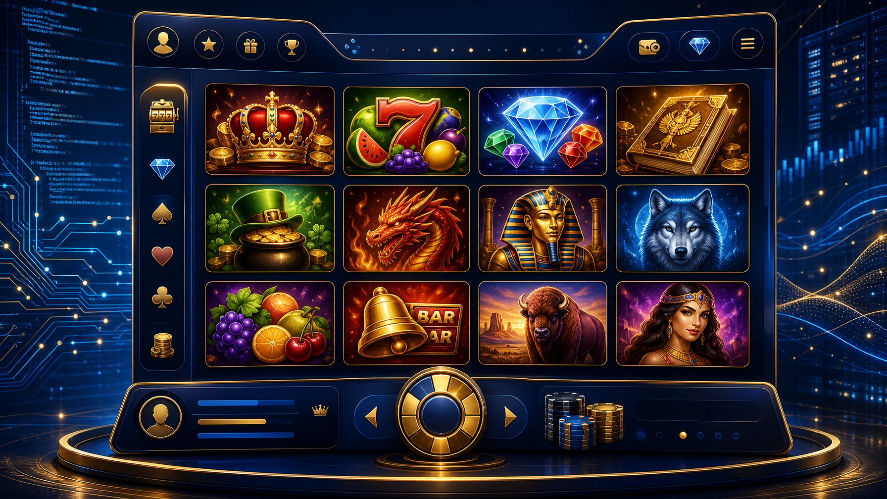 A Digital Casino Game Lobby Showing Multiple Colorful Slot Machine Icons Arranged In A Grid With Abstract Technology Elements In The Background Representing Software Quality.