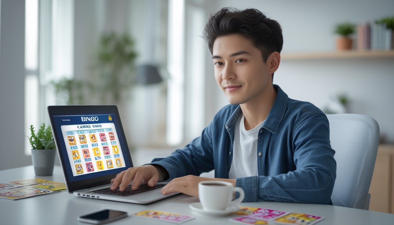 Seorang dewasa muda duduk di depan laptop di ruang kerja rumah yang terang, dengan kartu bingo dan kopi di meja, terlihat fokus dan tenang saat menjelajahi situs casino bingo online.