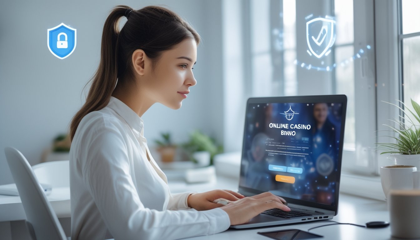 Seorang wanita muda duduk di meja dengan laptop, terlihat fokus menggunakan situs casino bingo online yang aman.