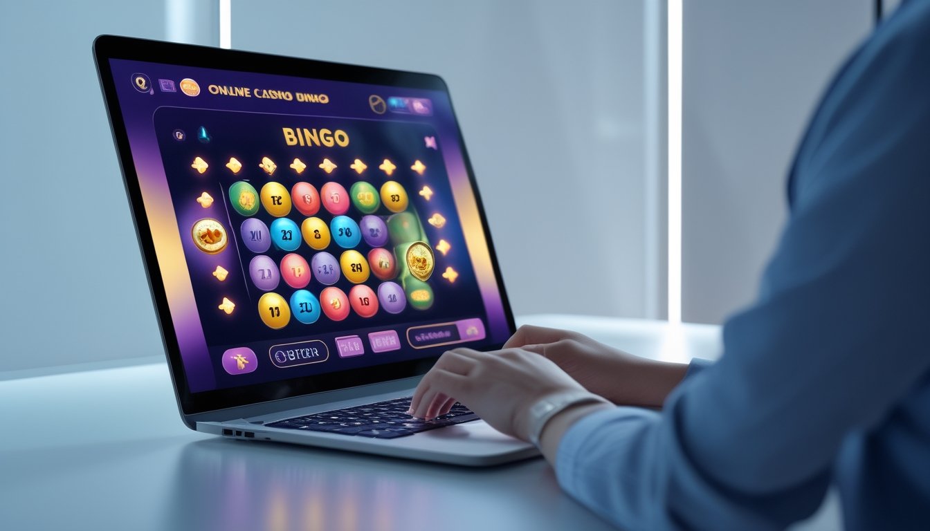 Seseorang sedang bermain bingo online di komputer dengan tampilan permainan bingo dan simbol transaksi cepat di layar.
