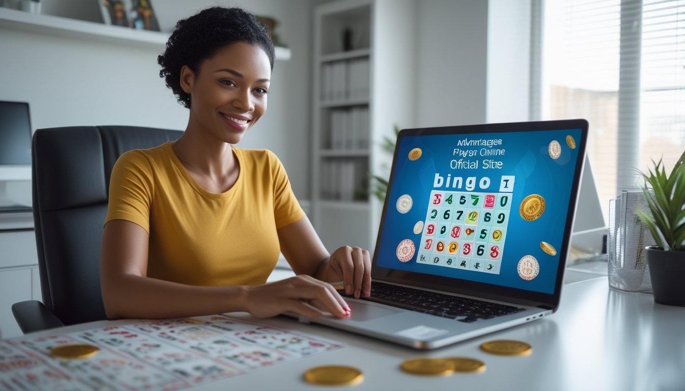 Seorang wanita dewasa duduk di depan laptop di ruang kerja yang rapi, bermain bingo online dengan ekspresi puas.