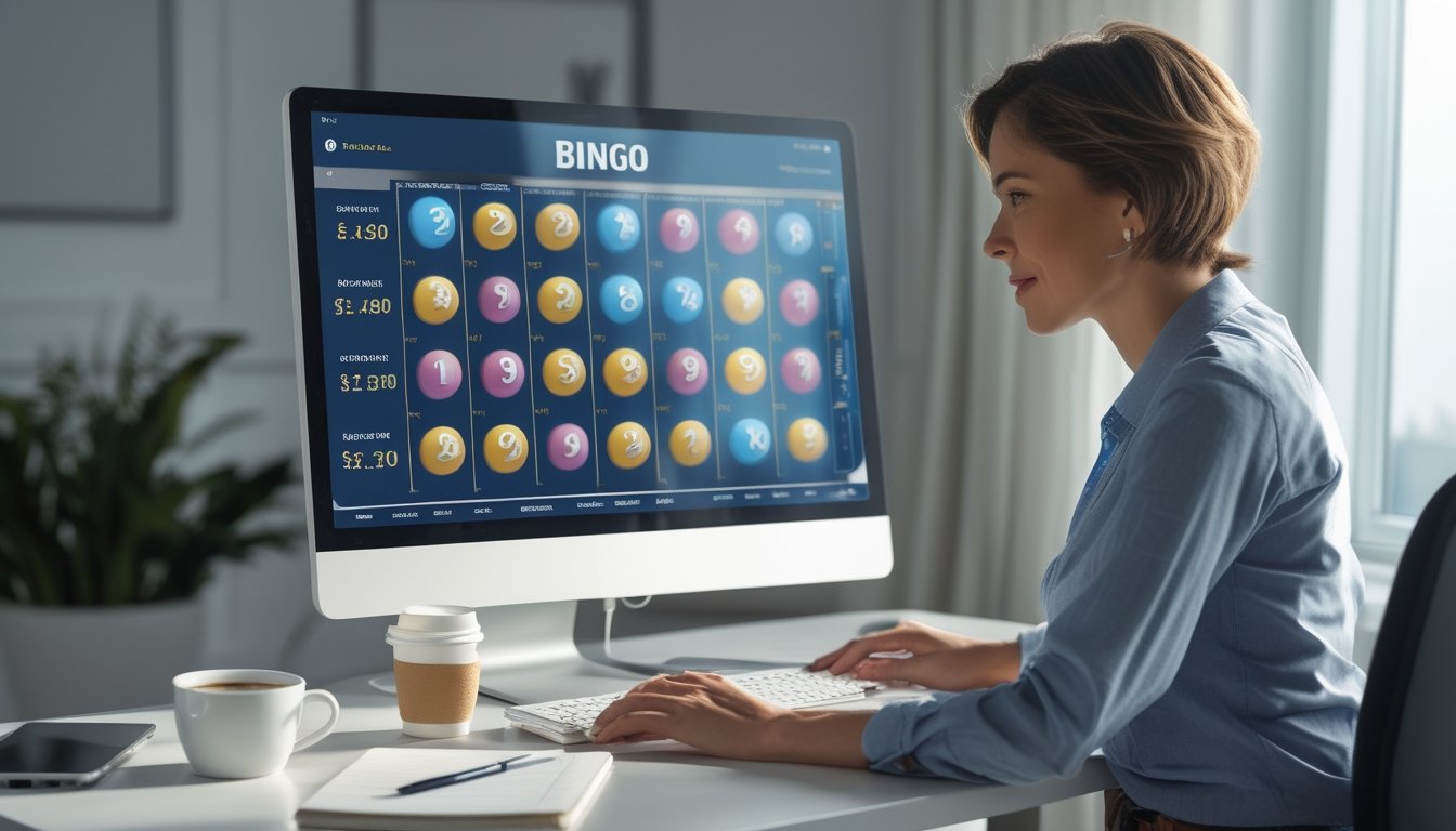 Seorang individu duduk di depan komputer di ruangan modern, fokus pada permainan bingo online dengan catatan dan minuman di meja.