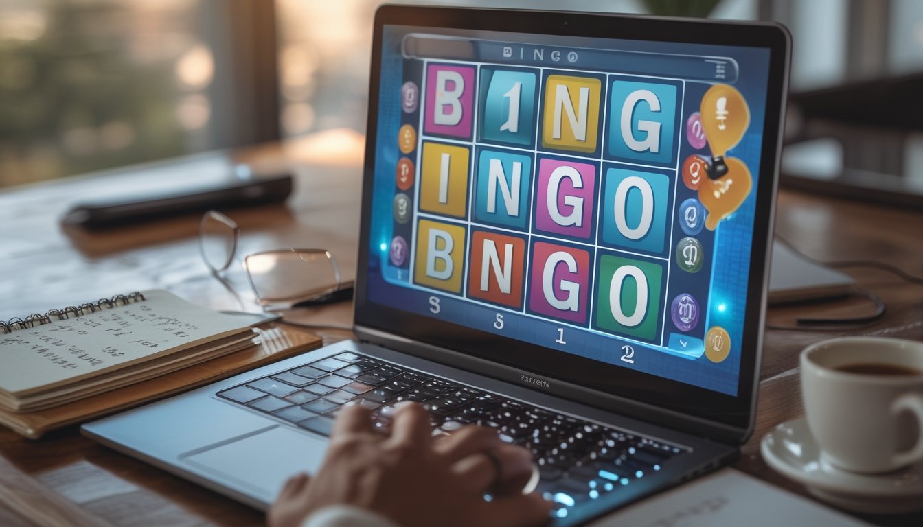 Seorang pemain sedang menggunakan komputer untuk bermain bingo online dengan kartu bingo dan alat tulis di meja.