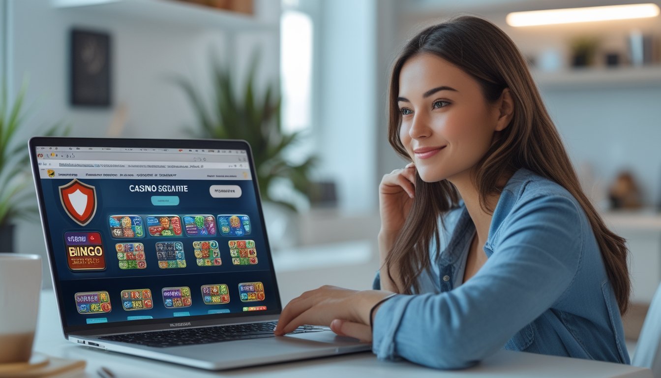 Seorang wanita muda duduk di meja dengan laptop, terlihat fokus dan puas saat menggunakan situs casino bingo online di ruangan yang terang dan nyaman.