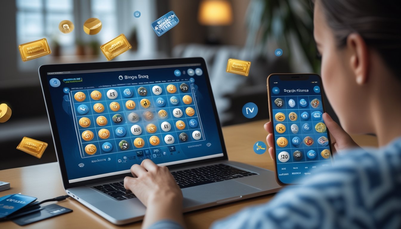 Seseorang bermain bingo online di laptop dan ponsel di lingkungan rumah yang nyaman dengan ikon metode pembayaran di sekitar perangkat.
