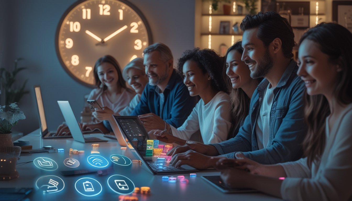 Beberapa orang bermain bingo online menggunakan perangkat digital di rumah dengan ikon pembayaran digital di meja dan jam besar di latar belakang.