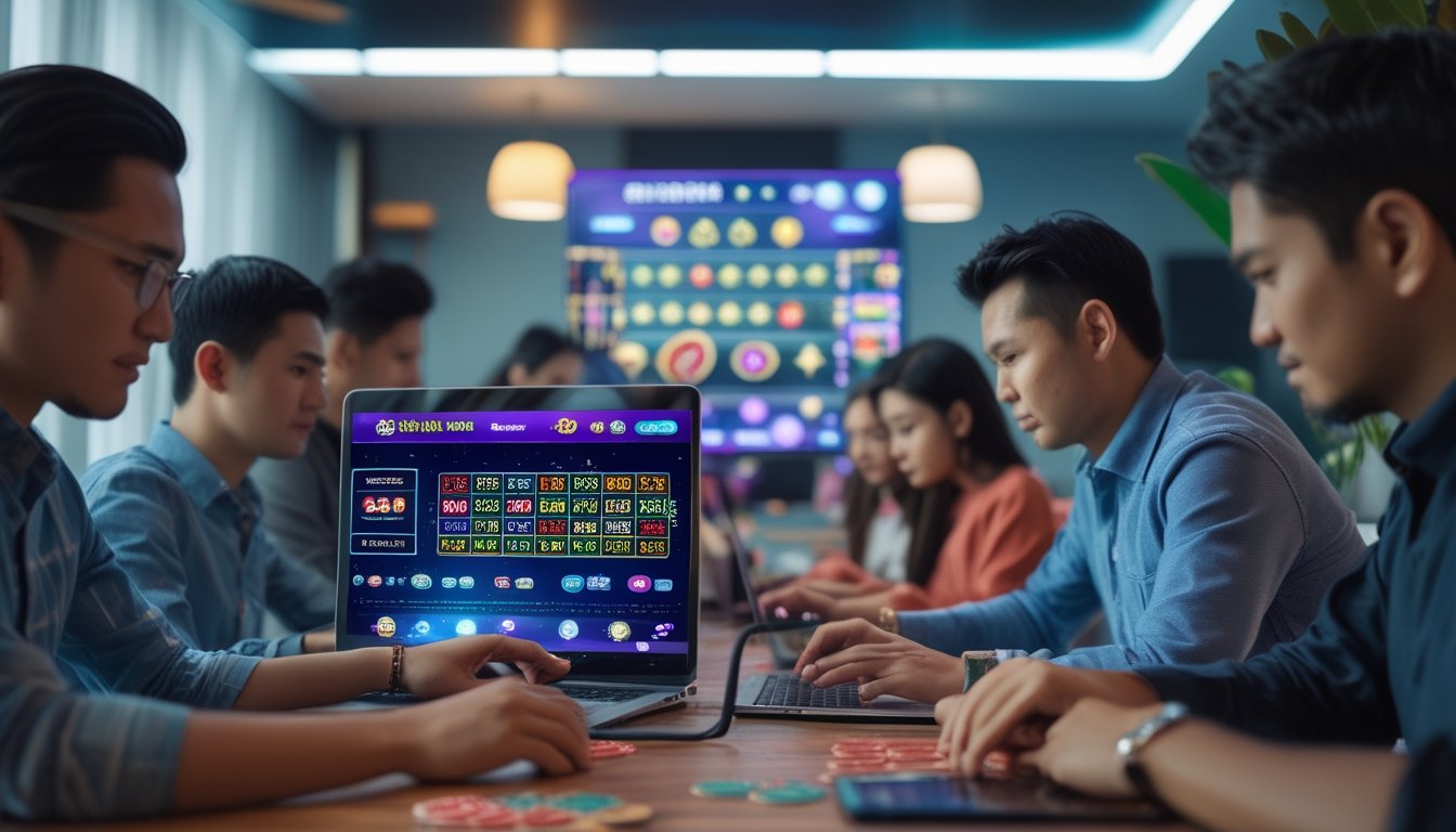 Beberapa orang Indonesia sedang bermain permainan kasino bingo online menggunakan laptop dan ponsel di ruangan yang nyaman.
