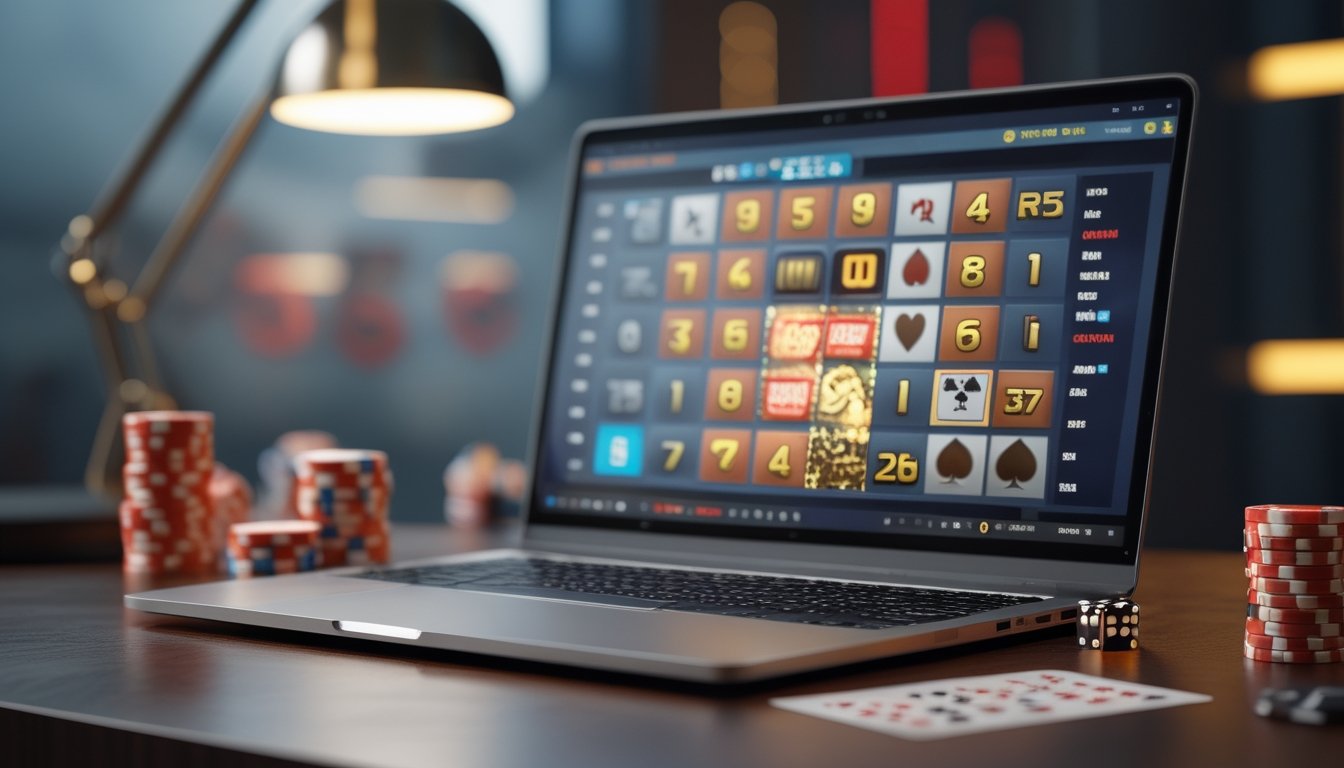 Seorang pemain menggunakan komputer dengan permainan bingo online di layar, dikelilingi oleh chip poker dan kartu remi di atas meja.