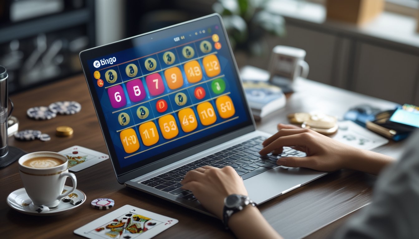 Seorang pemain fokus menggunakan laptop dengan permainan bingo online di meja kerja yang rapi dan nyaman.