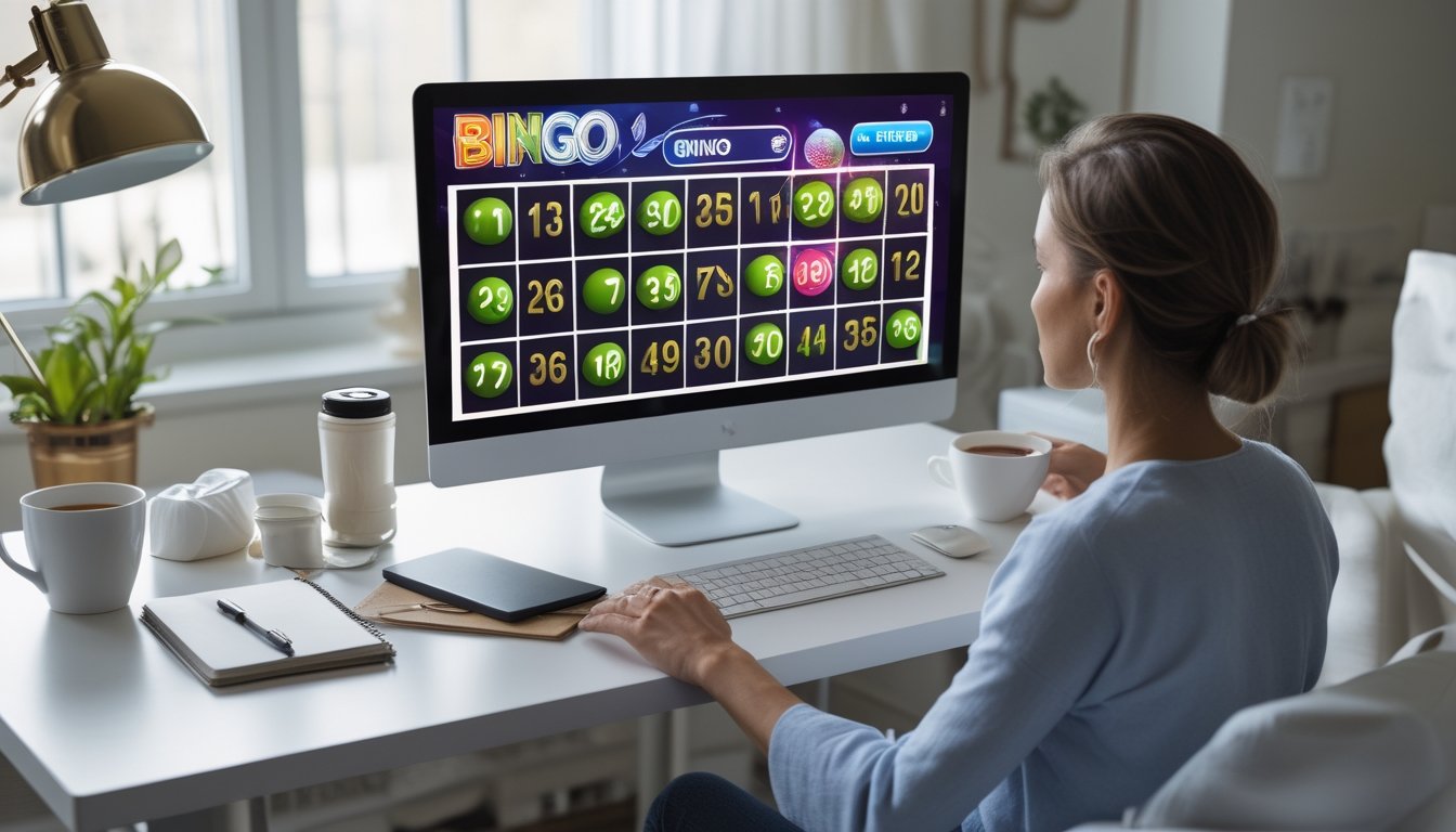 Seorang pemain bingo online duduk di depan komputer dengan layar menampilkan permainan bingo, di meja terdapat cangkir kopi dan buku catatan.