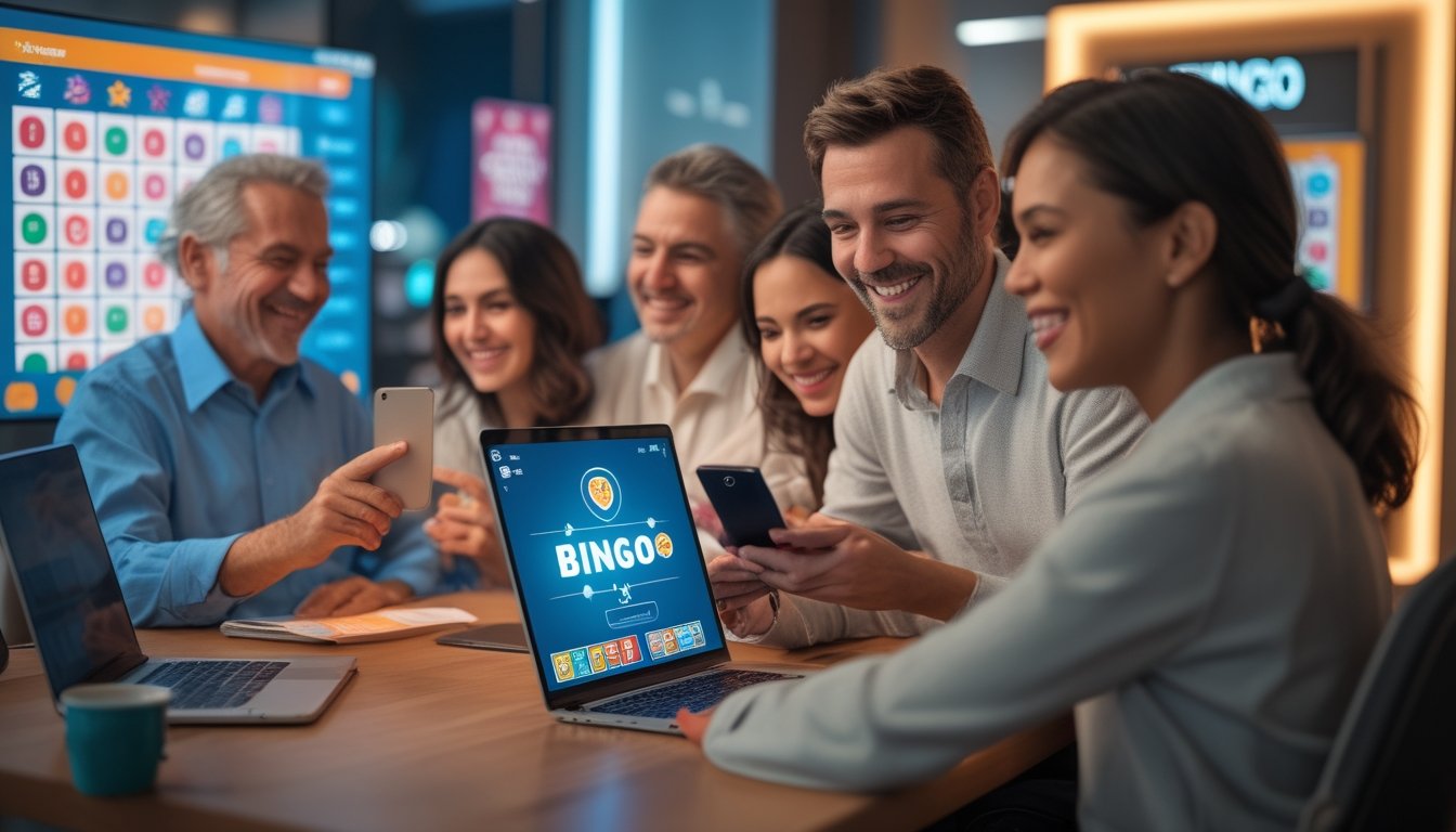 Sekelompok orang dewasa yang senang bermain bingo online dengan perangkat digital di lingkungan yang aman dan modern.