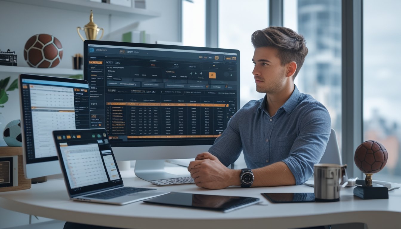Seorang pria muda duduk di meja kantor modern, fokus melihat layar komputer yang menampilkan statistik dan peluang taruhan sepak bola, dengan perangkat digital lain di sekitarnya dan dekorasi bertema sepak bola di latar belakang.