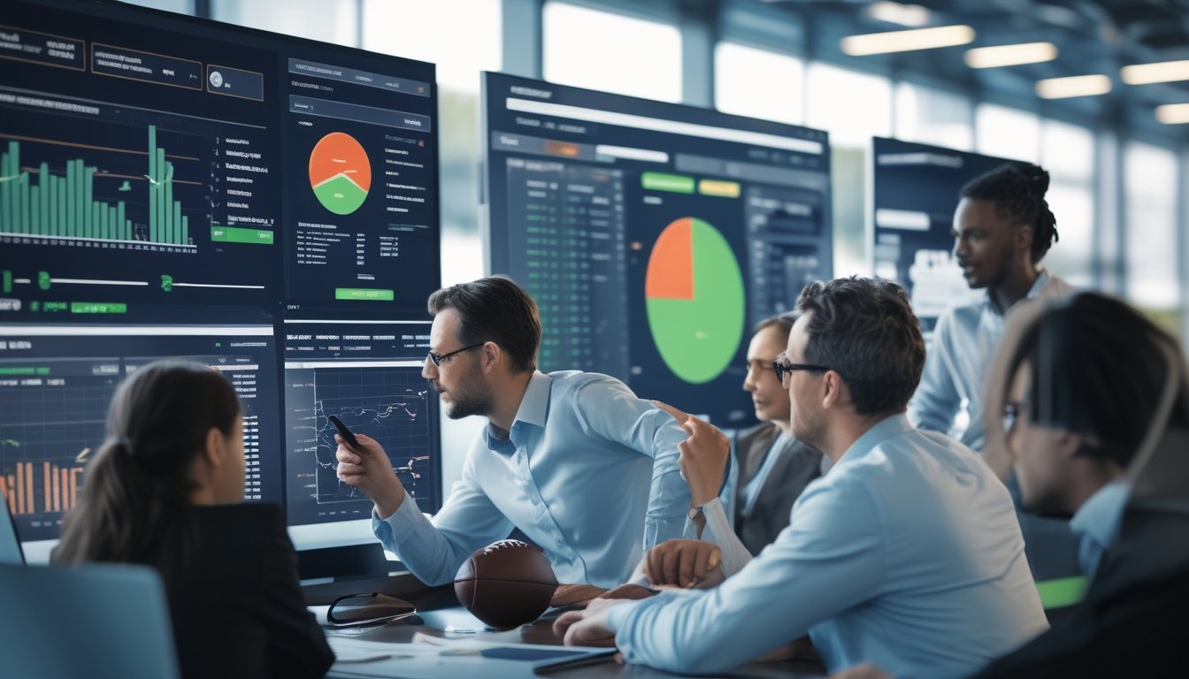 Sekelompok profesional sedang berdiskusi dan menganalisis data taruhan sepak bola di ruang kantor modern.