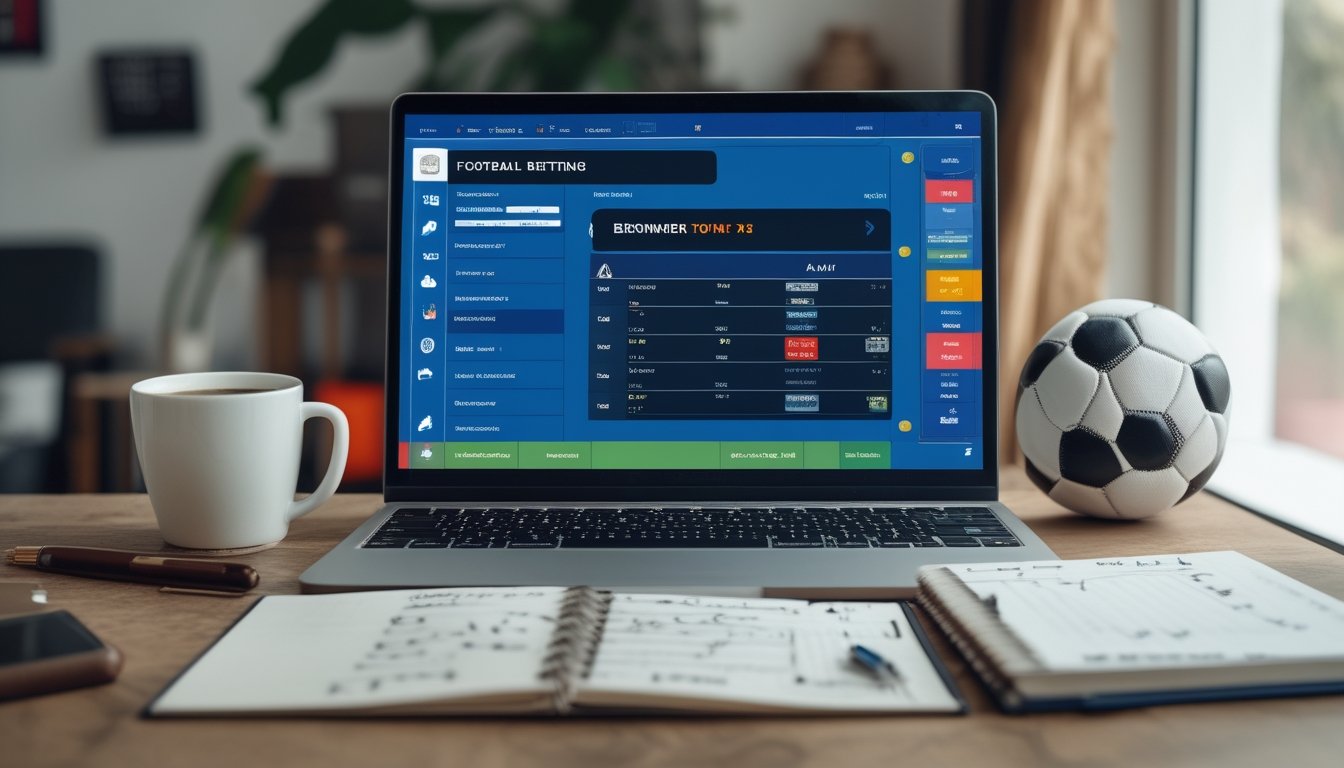 Seorang pemula sedang belajar taruhan sepak bola dengan laptop yang menampilkan antarmuka taruhan 1X2, di meja terdapat buku catatan dan pena, serta secangkir kopi di sampingnya.