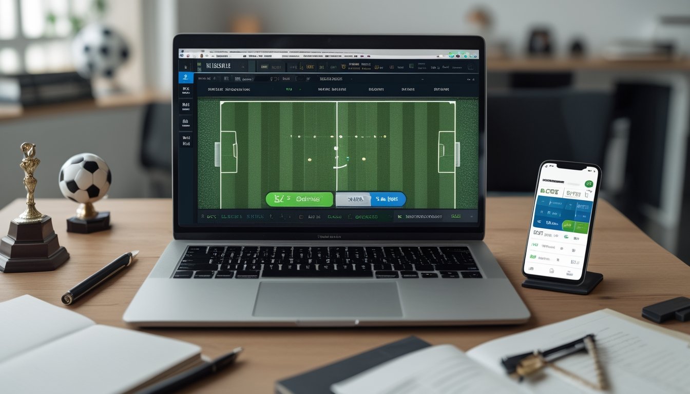 Meja kerja dengan laptop yang menampilkan pertandingan sepak bola dan opsi taruhan 1X2, dikelilingi catatan dan ponsel dengan aplikasi taruhan, di ruang kantor yang terang dan nyaman.