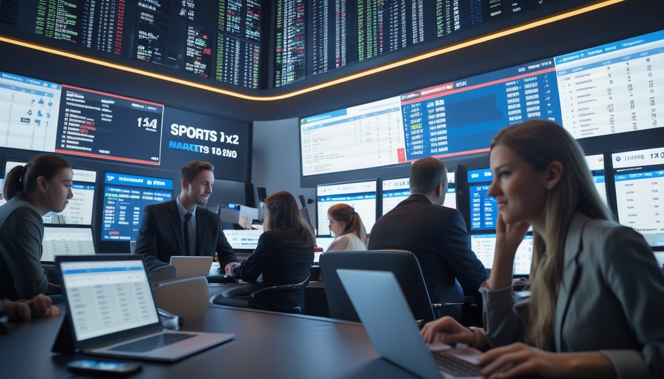 Beberapa orang sedang melihat layar digital yang menampilkan data dan peluang taruhan sepak bola.