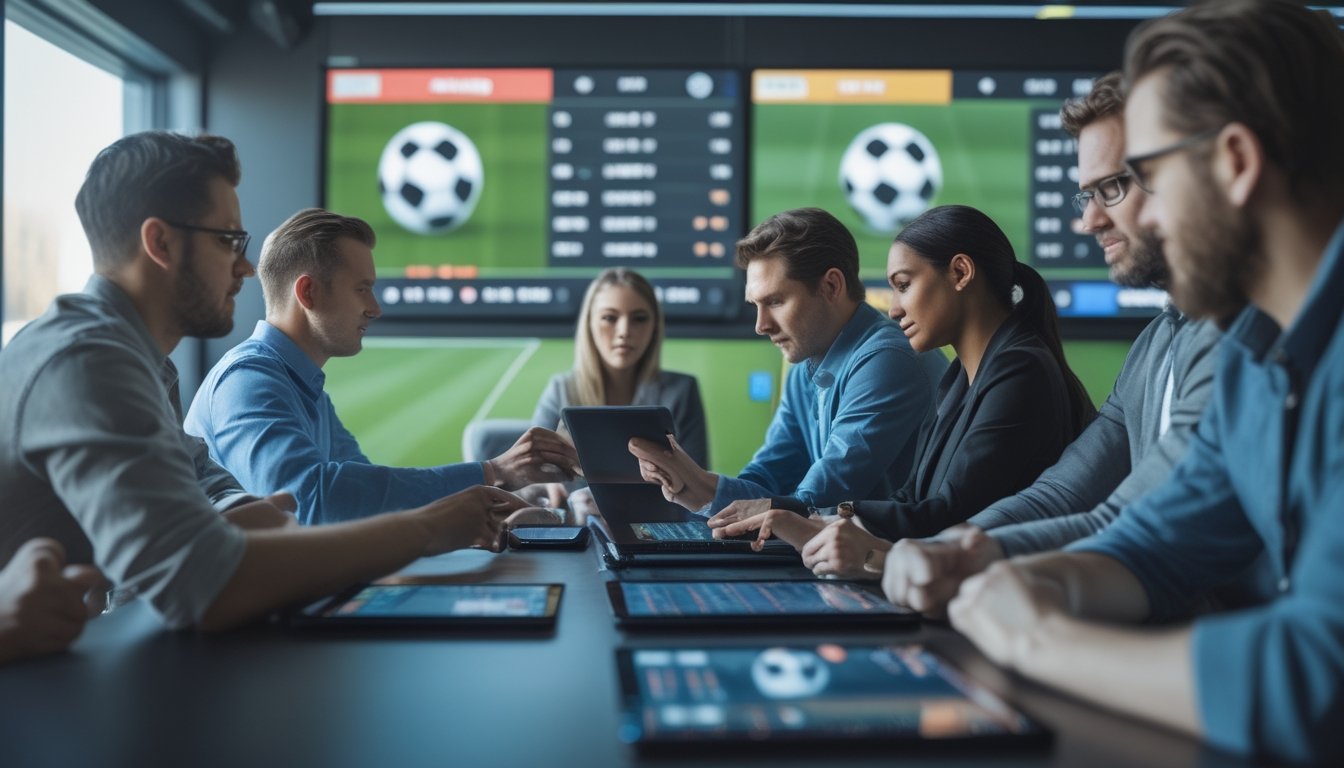 Beberapa orang sedang menganalisis statistik dan peluang taruhan sepak bola di layar digital dalam sebuah ruangan modern.