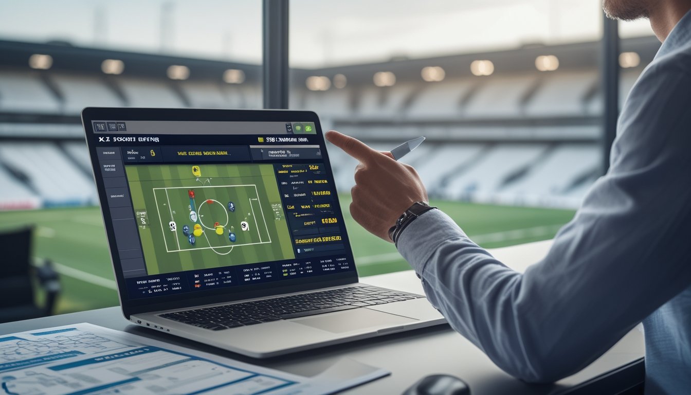 Orang sedang menganalisis data taruhan sepak bola di depan laptop dengan latar stadion sepak bola.