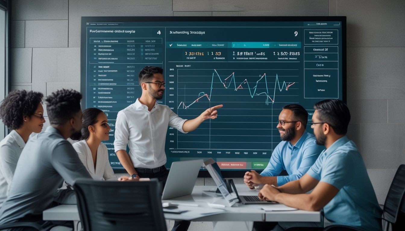 Sekelompok analis sepak bola sedang berdiskusi di ruang kantor dengan layar besar yang menampilkan statistik dan grafik pertandingan.