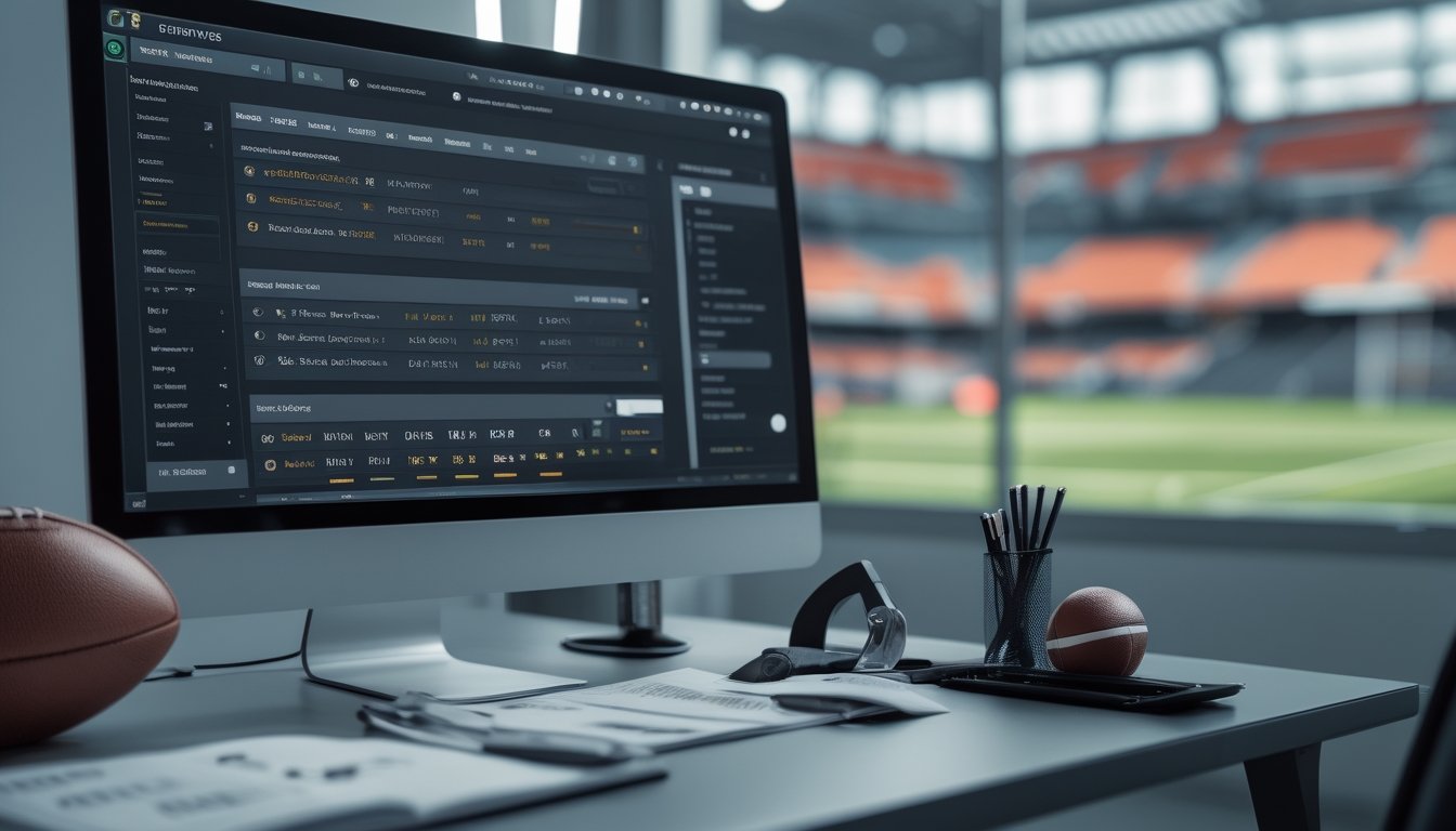 Sebuah meja kerja modern dengan layar komputer menampilkan antarmuka taruhan sepak bola online yang menunjukkan perbedaan antara pasar 1X2 dan Handicap, dengan bola sepak dan alat pendukung di sekitar meja.