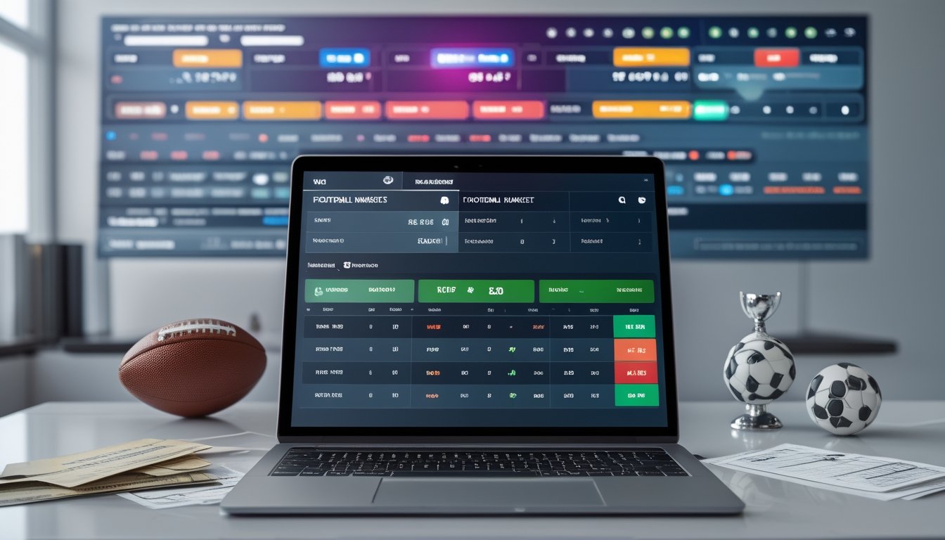 Seorang pria menggunakan laptop di meja kerja dengan bola sepak di sampingnya dan layar menampilkan grafik taruhan sepak bola.