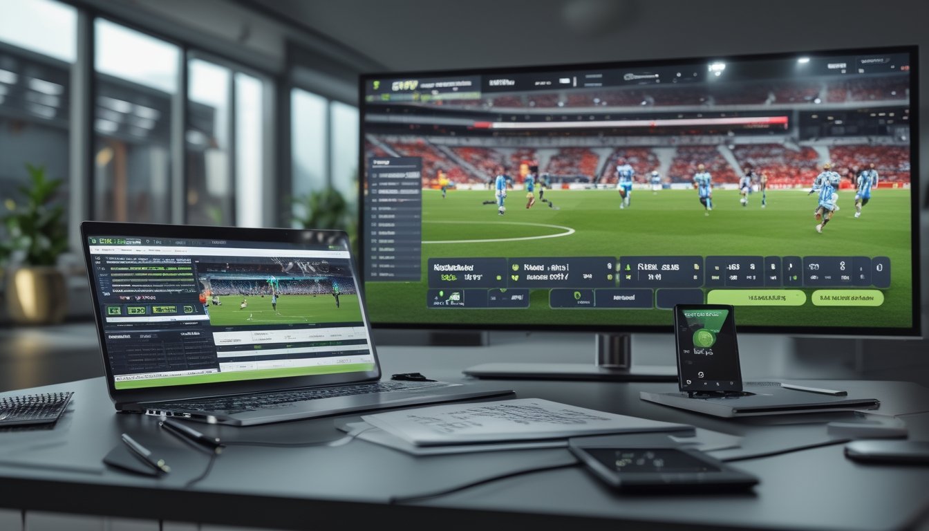 Meja kerja dengan laptop yang menampilkan statistik pertandingan sepak bola dan peluang taruhan, dengan televisi yang menayangkan pertandingan sepak bola di latar belakang.